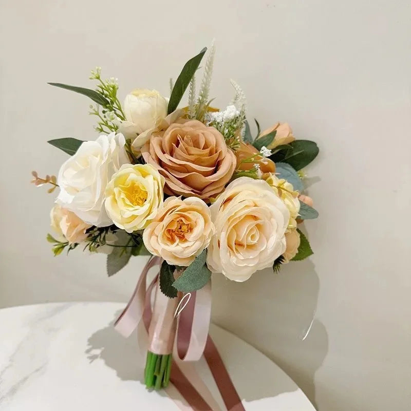 Buquê de Rosas Retro Champagne – Acessório para Noiva e Casamento