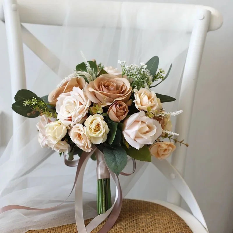 Buquê de Rosas Retro Champagne – Acessório para Noiva e Casamento